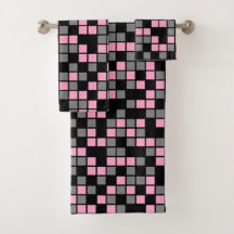 Quadrados Mosaicos Aleatórios Rosa Cravo, Preto e