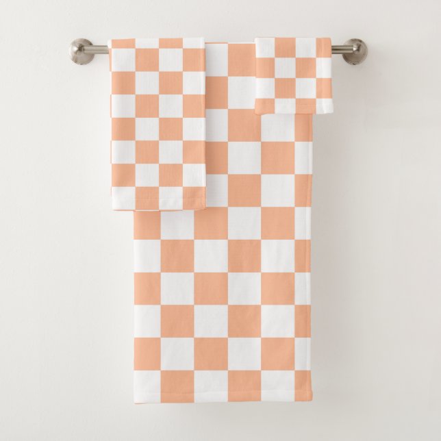 Conjunto De Toalhas Quadrados xadrez laranja bege branco geométrico (Insitu)