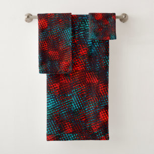 Conjunto De Toalhas Quadriculados riscados cor vermelho e azul claro.