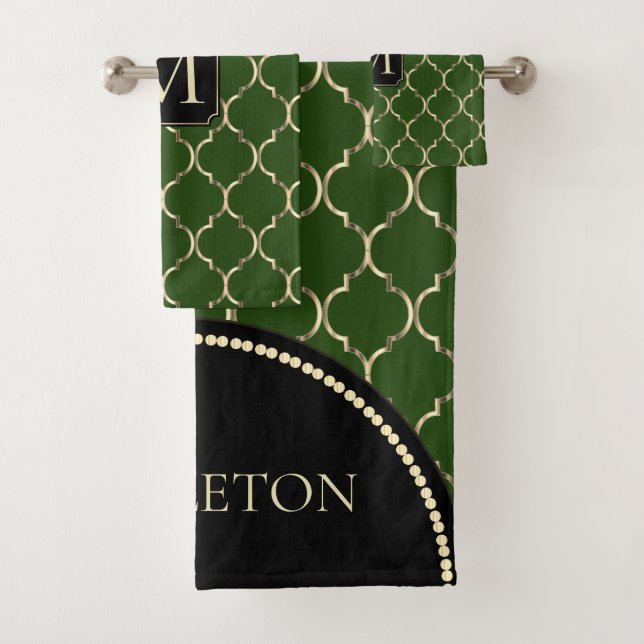 Conjunto De Toalhas Quatrefoil Verde Escuro e Dourado - Monograma (Insitu)