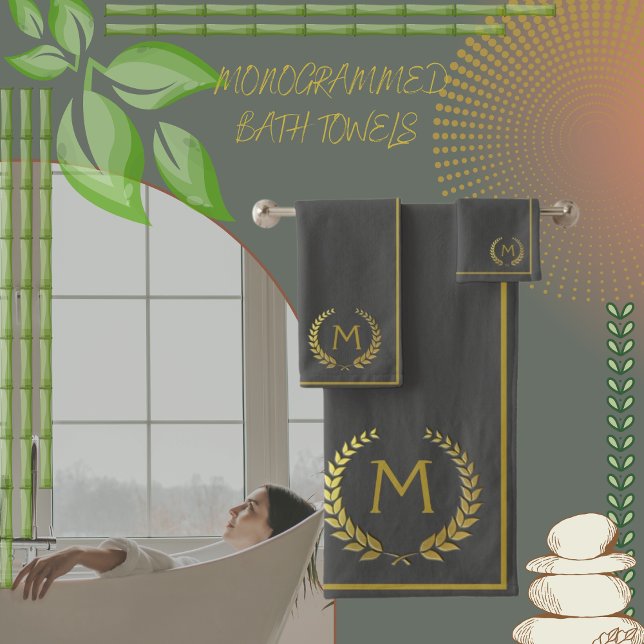 Conjunto De Toalhas Quic Dourado com carvão elegante moderno, monogram (Criador carregado)