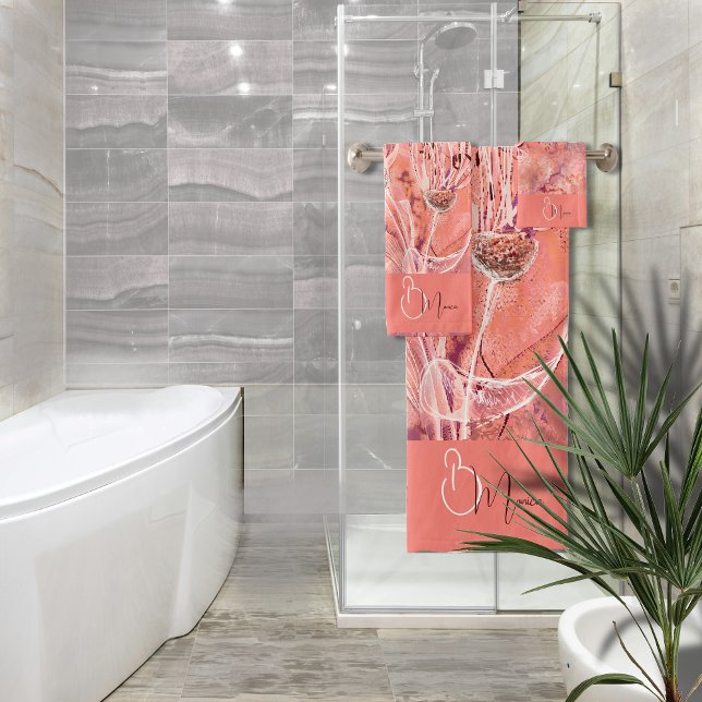 Conjunto De Toalhas Quic Girly Peach Flor Rosa Monograma (Chic Girly Peach Pink Flowers Monogram Bath Towel Set)