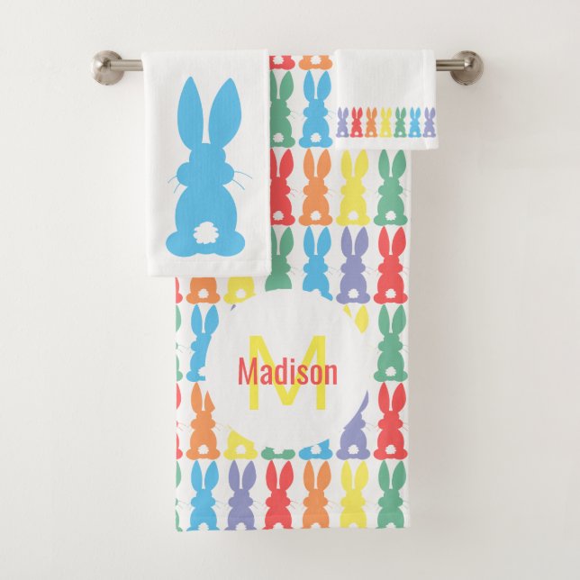 Conjunto De Toalhas Rainbow Bunny Pattern Crianças Monograma (Insitu)