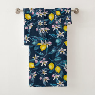 Conjunto De Toalhas Ramos de limão com flores e fruta em azul