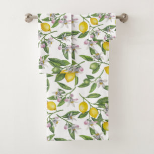 Conjunto De Toalhas Ramos de limão com flores e fruta em branco