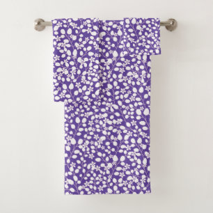 Conjunto De Toalhas Ramos Florais Flores Brancas Violeta Ultra Roxo