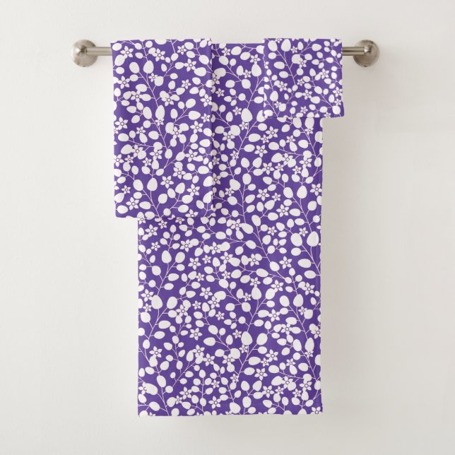 Conjunto De Toalhas Ramos Florais Flores Brancas Violeta Ultra Roxo (Insitu)