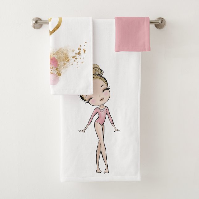 Conjunto De Toalhas Rapariga Ginástica Corações Rosa (Insitu)
