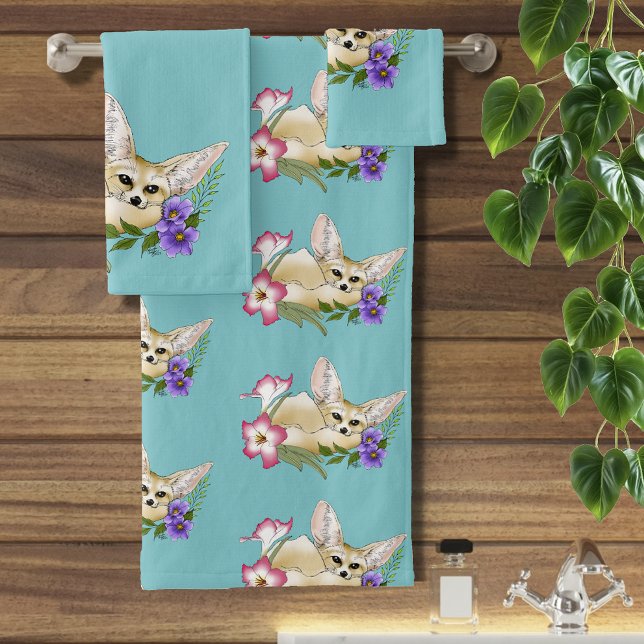 Conjunto De Toalhas Raposa Fennec Flores Rosa Roxo Fofo Botânico Azul (Criador carregado)