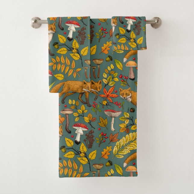 Conjunto De Toalhas Raposas de outono em verde-pinheiro (Insitu)