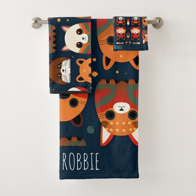 Conjunto De Toalhas Raposas e gatos no padrão retrô florestal (Insitu)