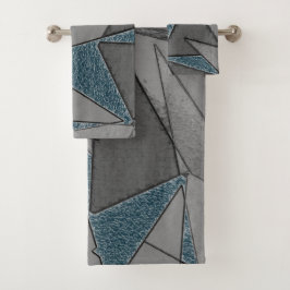 Conjunto De Toalhas recortes triangulares de cinza com peças azuis esc