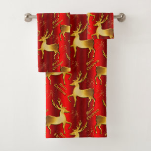 Conjunto De Toalhas Red Festivo e Reindeer Dourado Feliz Natal