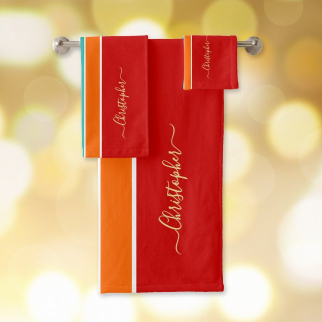 Conjunto De Toalhas Red Orange Teal Racpes Faux Monograma Dourado (Red Orange Teal Racing Stripes Faux Gold Monogram Bath Towel Set)