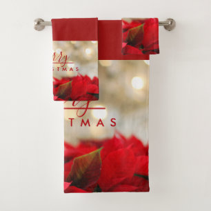 Conjunto De Toalhas Red Poinsettias com Ouro Bokeh Feliz Natal