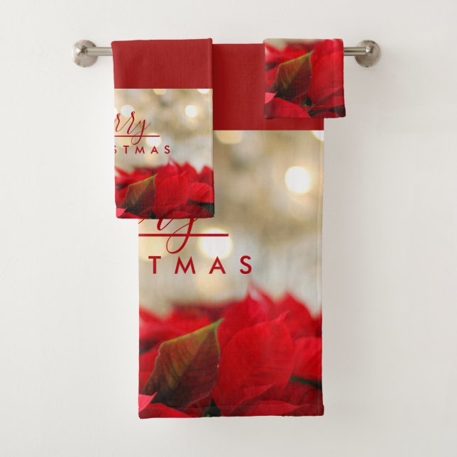Conjunto De Toalhas Red Poinsettias com Ouro Bokeh Feliz Natal (Insitu)