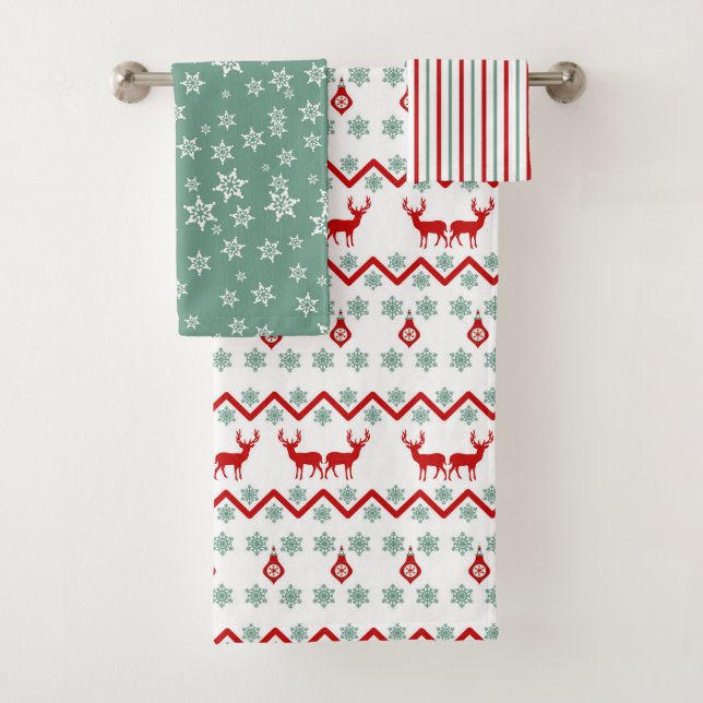 Conjunto De Toalhas Red Teal Christmas Reindeer Nordic Patterno (Insitu)