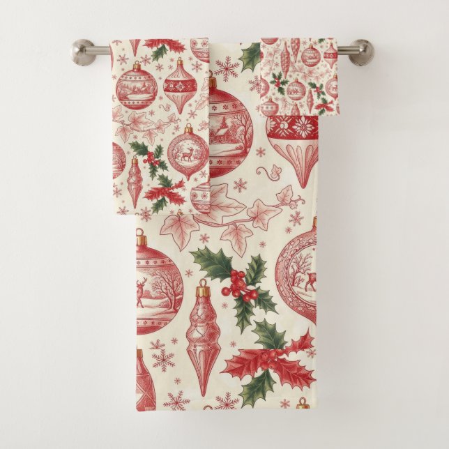 Conjunto De Toalhas Red Toile Chinoiserie Christmas Ornaments (Insitu)