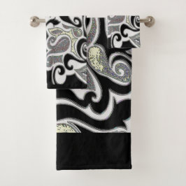 Conjunto De Toalhas Redemoinho Abstrato Retro Maluco em Preto e Branco