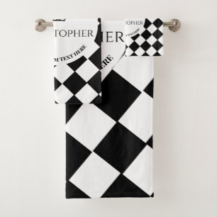 Conjunto De Toalhas Rei e branco verificados e padrão quadrado preto