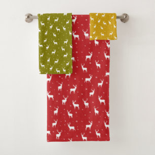 Conjunto De Toalhas Reindeer Stag - Padrão Vermelho Feriado Verde