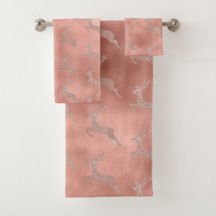 Conjunto De Toalhas Renas de Natal em Rosa Dourado com Brilho