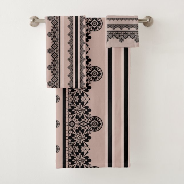 Conjunto De Toalhas rendas pretas, trabalho aberto, fundo castanho, be (Insitu)