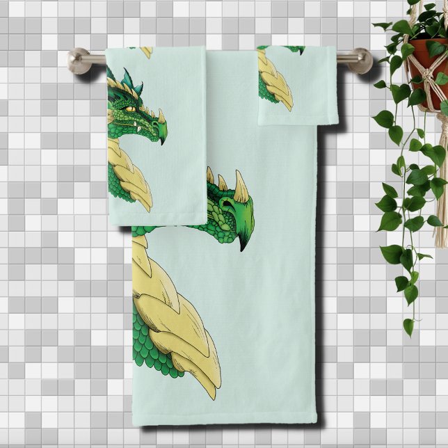 Conjunto De Toalhas Retrato de Cabeça de Dragão Verde Esmeralda Fantas (Criador carregado)