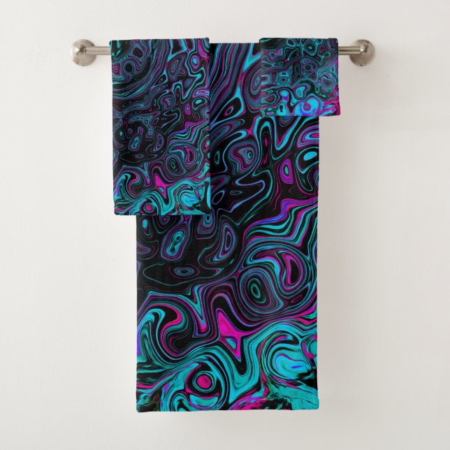 Conjunto De Toalhas Retro Aqua Magenta e Preto Abstrato Espiral (Insitu)