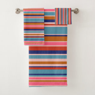 Conjunto De Toalhas Retro horizontal de faixas azuis-cor-de-rosa-terra