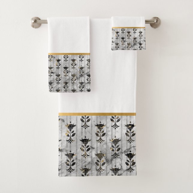 CONJUNTO DE TOALHAS RETRO MARBLE CINZA BLACK MONOCHROME BATHROOM SET (Insitu)