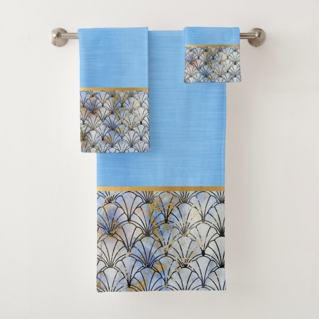CONJUNTO DE TOALHAS RETRO MARBLE SHELL BLUE BATHROOM SET (Insitu)