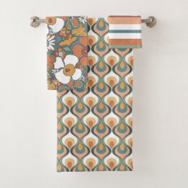 Conjunto De Toalhas Retro Mod Padrões Sage Teal Terracotta Orange