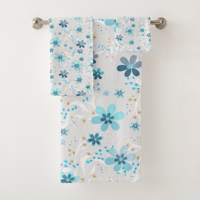 Conjunto De Toalhas Retro, padrão floral, azul, cinzas, flores (Insitu)