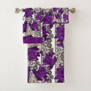Conjunto De Toalhas Retro, rosas roxas
