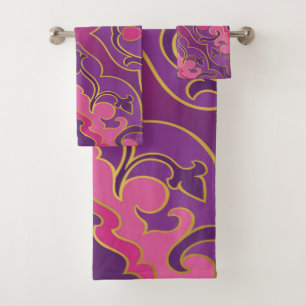 Conjunto De Toalhas Retro,roxo,rosa quente, ouro,floral,vintage,tendê