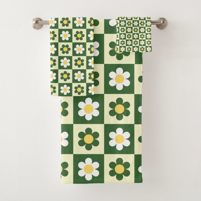 Conjunto De Toalhas Retro Sage Green and Cream Daisy Checkerboard  (Insitu)