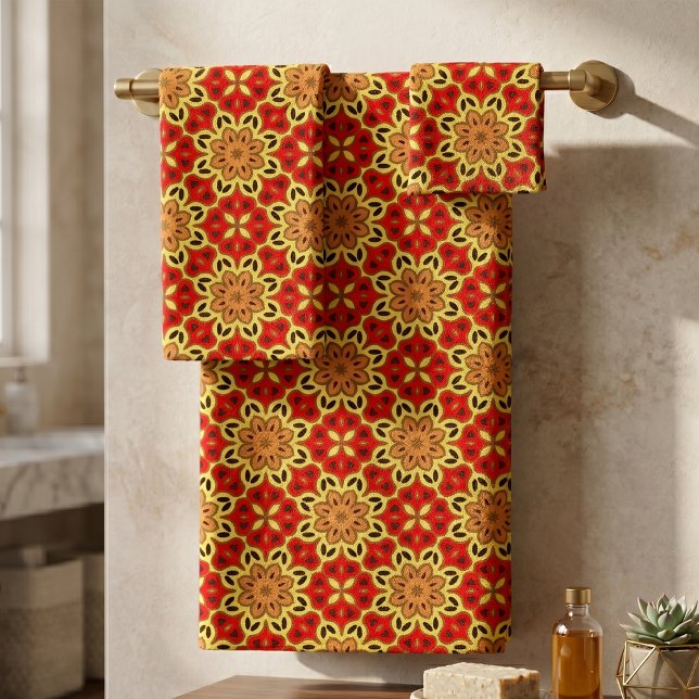 Conjunto De Toalhas Retro Vermelho Laranja Amarelo Boho Geométrico Mos (Criador carregado)
