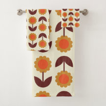 Retro Vintage 70s Padrão Floral Laranja e Castanho