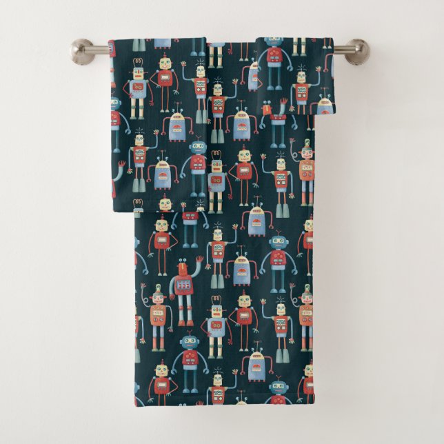 Conjunto De Toalhas Robôs Retro Vintage Fofos Escuros (Insitu)