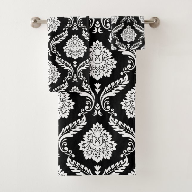 Conjunto De Toalhas Rococó Damask Padrão Misto Branco no Preto (Insitu)
