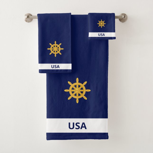 Conjunto De Toalhas Roda de Navio Dourada sobre Azul Marinho (Insitu)
