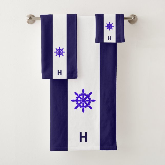 Conjunto De Toalhas Roda de navio náutico & monograma em azul e branco (Insitu)