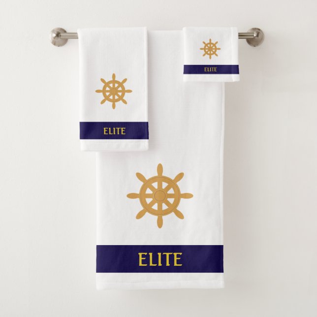 Conjunto De Toalhas Roda náutica em branco com faixa azul-marinho (Insitu)
