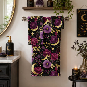 Conjunto De Toalhas Romance Sombrio Lua Celestial Roxo Dourado