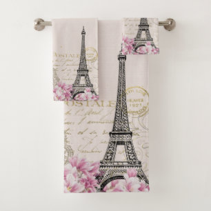 Conjunto De Toalhas Romântica Pink Blossoms Paris Torre Eiffel