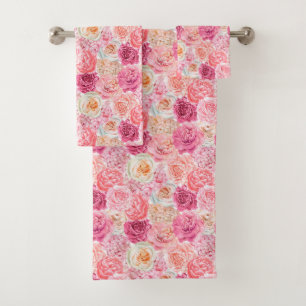 Conjunto De Toalhas Rosa Branco Magenta Floral Flores Elegante Boho