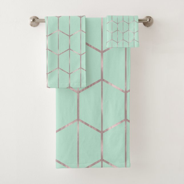 Conjunto De Toalhas Rosa Dourado & Chic Geométrico Hexagonal de Menta  (Insitu)