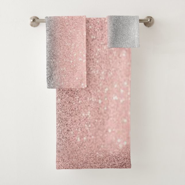 Conjunto De Toalhas Rosa Dourado Moderno com Brilho Ombre Prateado (Insitu)