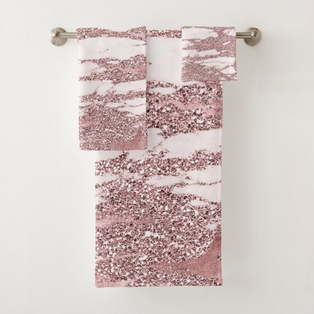 Conjunto De Toalhas Rosa Dourado Rosa Brilho Mármore Glam Moderno (Insitu)